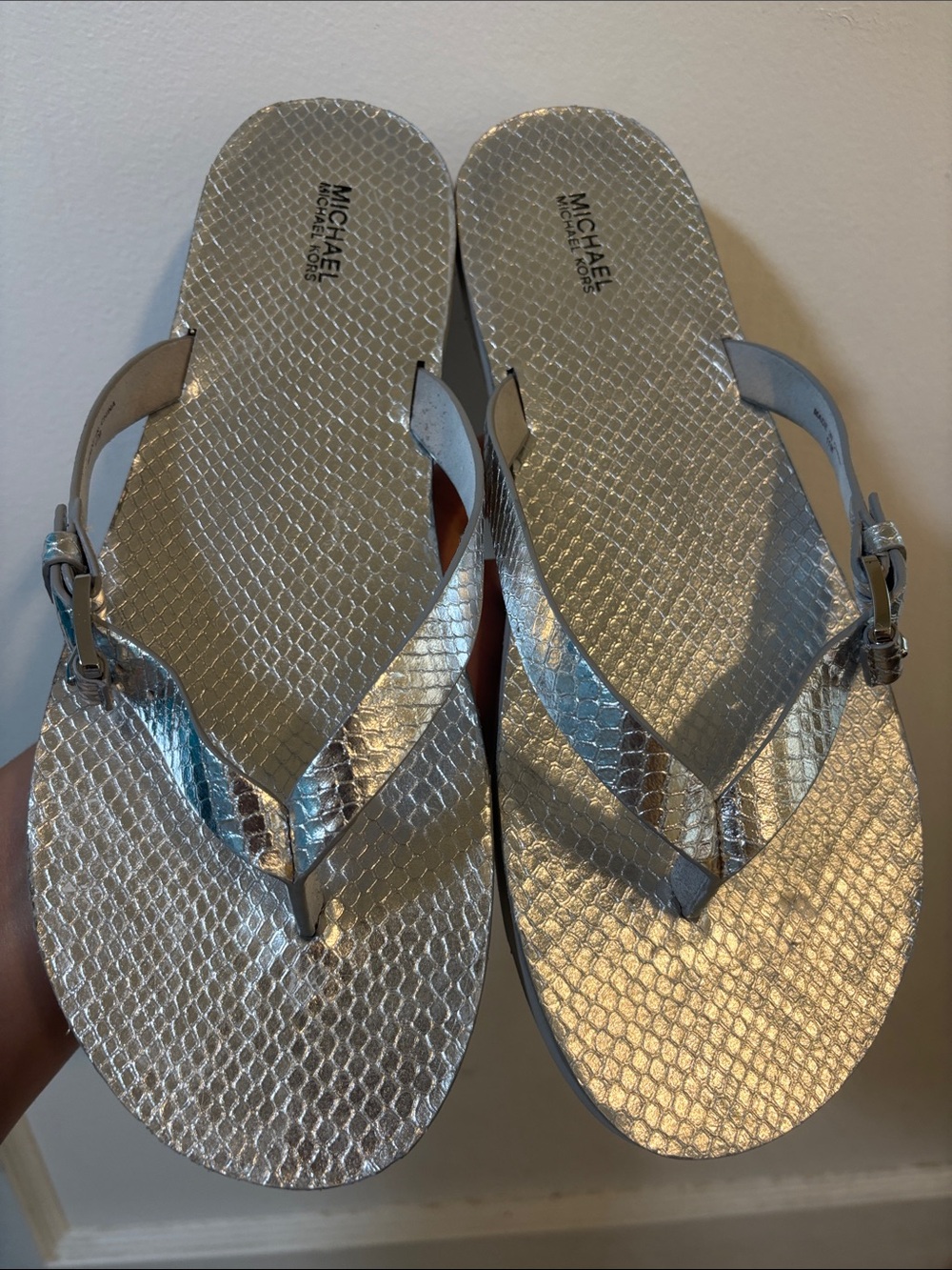 Michael Kors Silver Textured Thong Sandals with Buckle